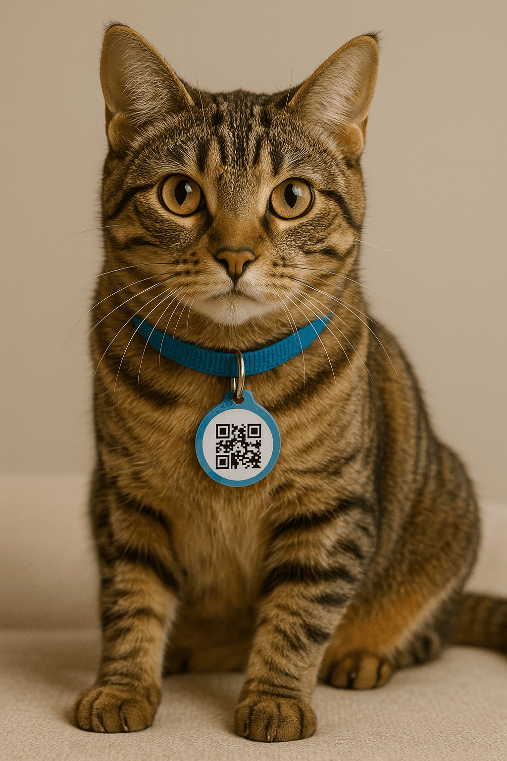 Cat wearing a metal QR tag